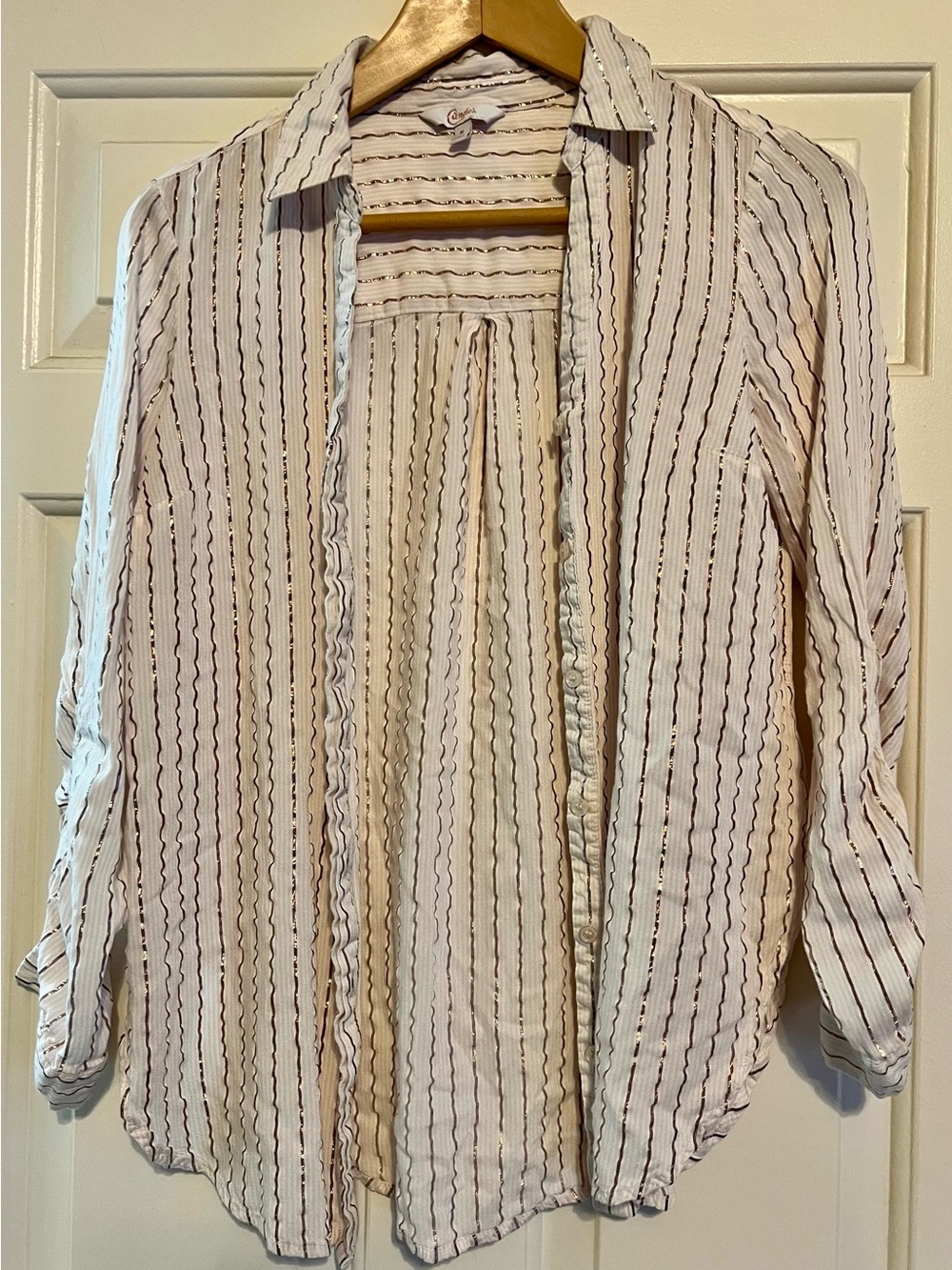 Candie's White & Rose Gold Metallic Shimmer Striped Button Down - Size M
